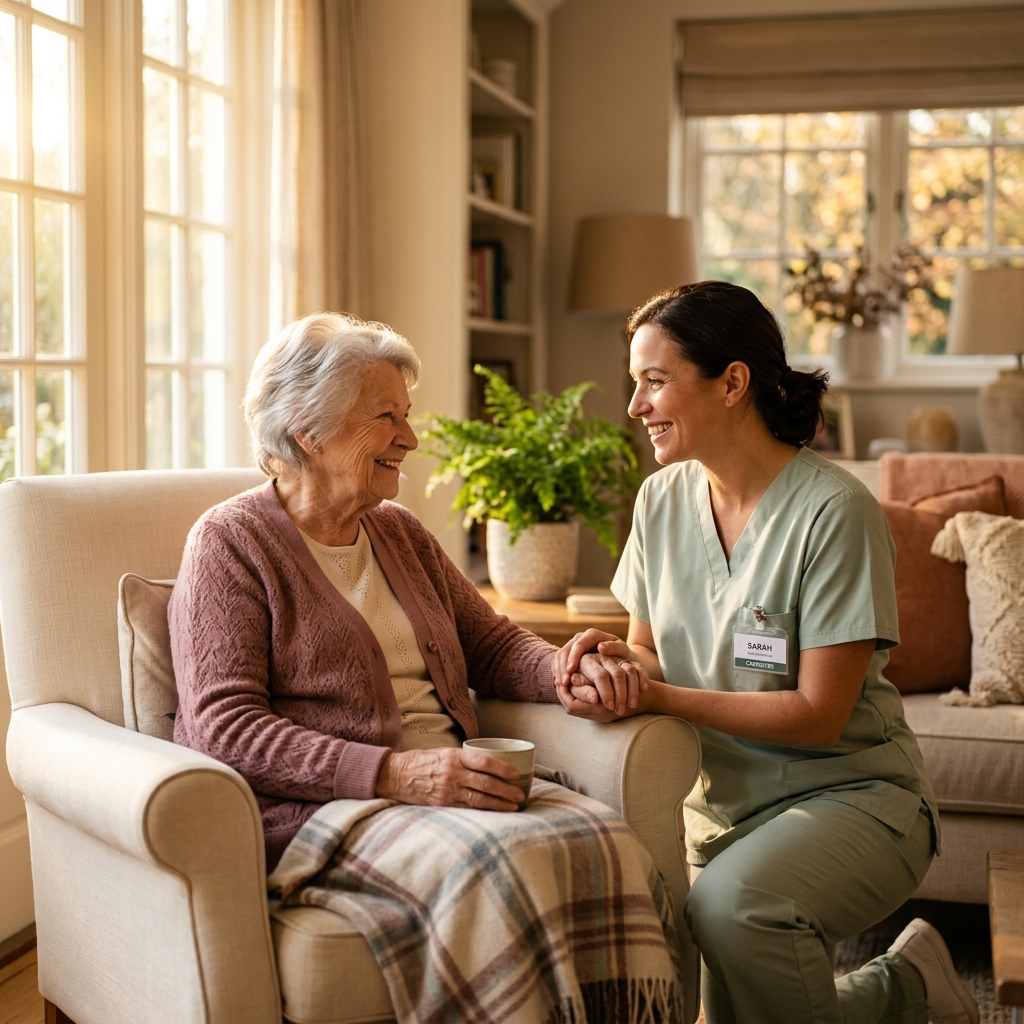 Compassionate caregiver with elderly client in warm Houston home